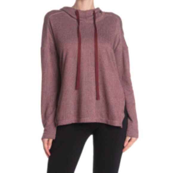 Max Studio Tunic Hoodie Striped Hooded High/low Funnel Neck Burgundy Casual Cute - Picture 1 of 14